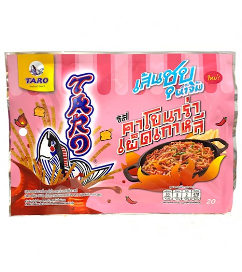 เส้นชุบน้ำจิ้ม รสคาโบนาร่าเผ็ดเกาหลี ตราทาโร่ 20 กรัม Taro Fish Snack Spicy Carbonara 20g